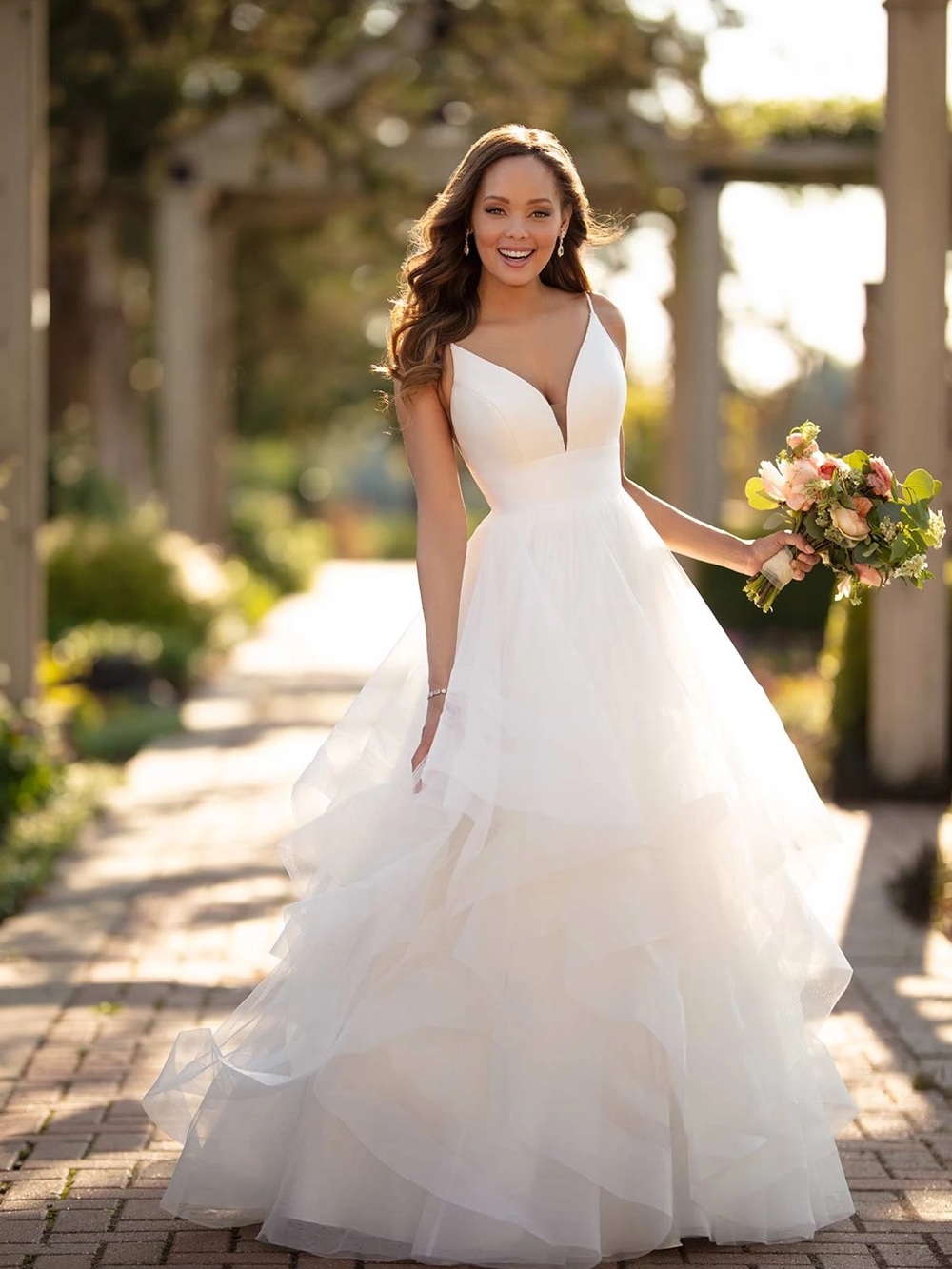 Elegant V-Neck White Layered Ball Gown Dress